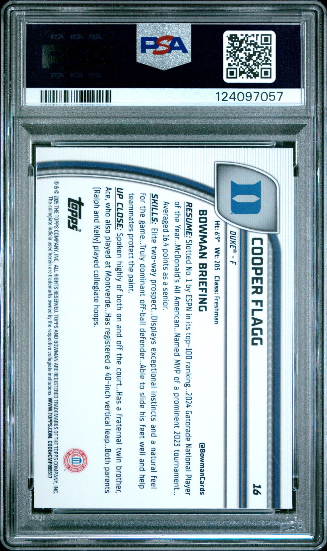 2024 Bowman Chrome University Cooper Flagg #16 (Black Wave) Gem Mt 10 back