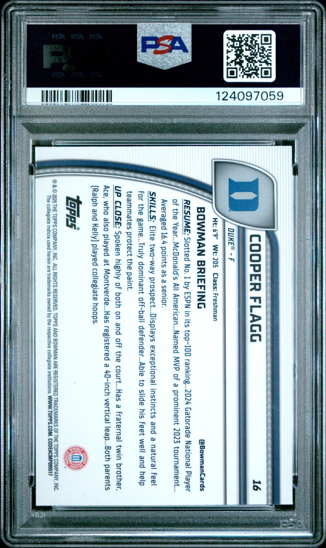 2024 Bowman Chrome University Cooper Flagg #16 (Purple Lava) Gem Mt 10 back