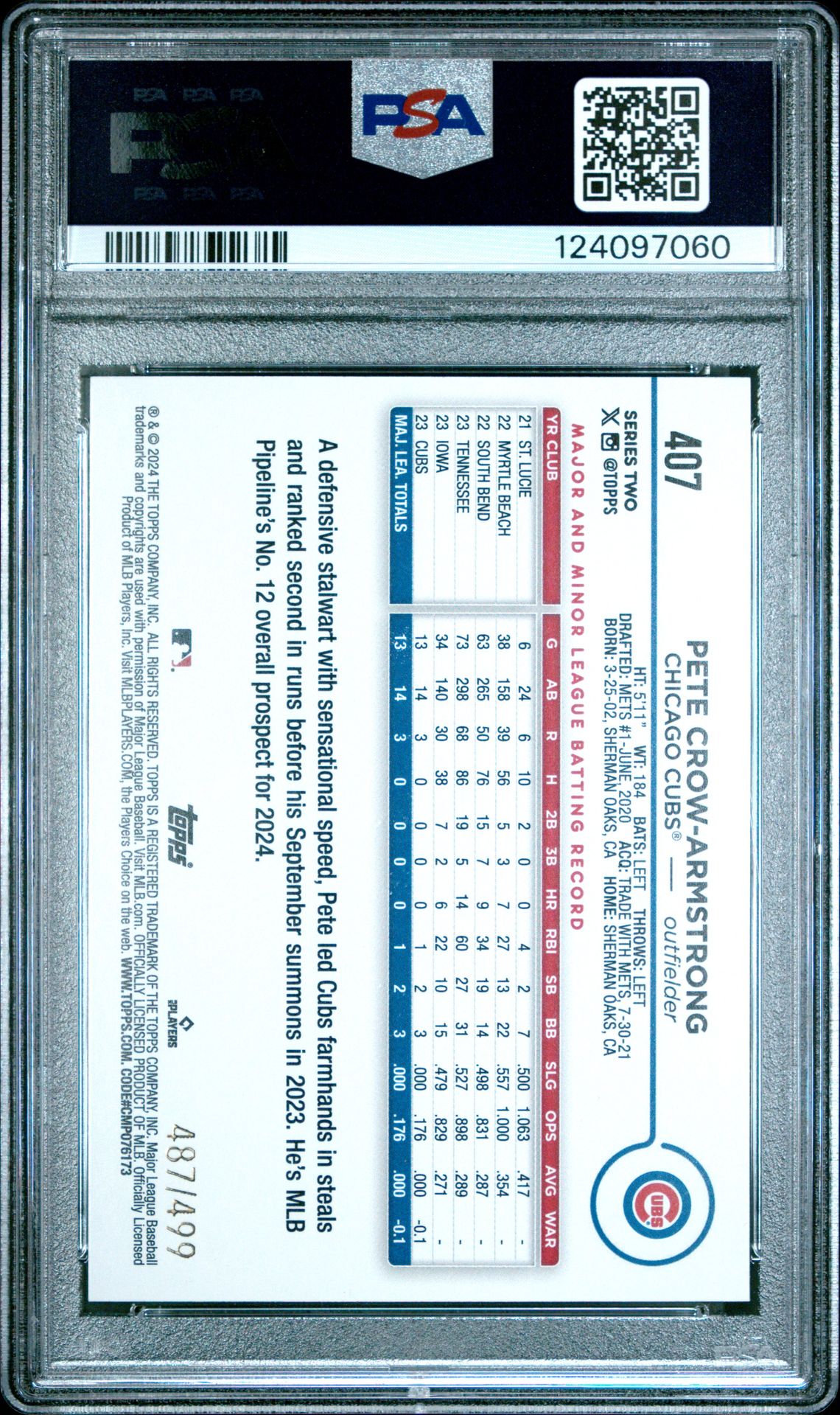 2024 Topps Pete Crow-Armstrong #407 (Green Crackle Foil Board) Gem Mt 10 back
