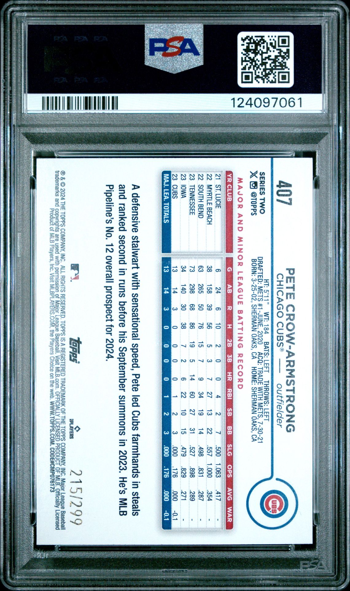 2024 Topps Pete Crow-Armstrong #407 (Orange Crackle Foil Board) Gem Mt 10 back