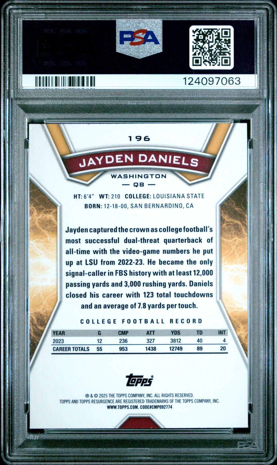 2024 Topps Resurgence Jayden Daniels #196 (Yellow Surge) Gem Mt 10 back