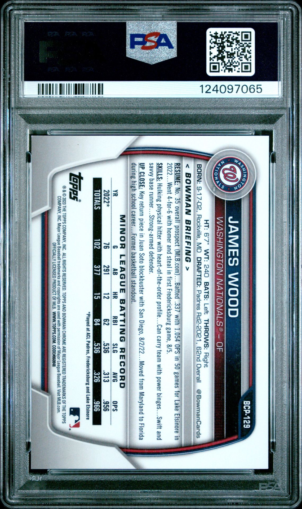 2023 Bowman Sapphire Edition Chrome Prospects James Wood #Bcp129 (Chrome Prospects-Green) Mint 9 back