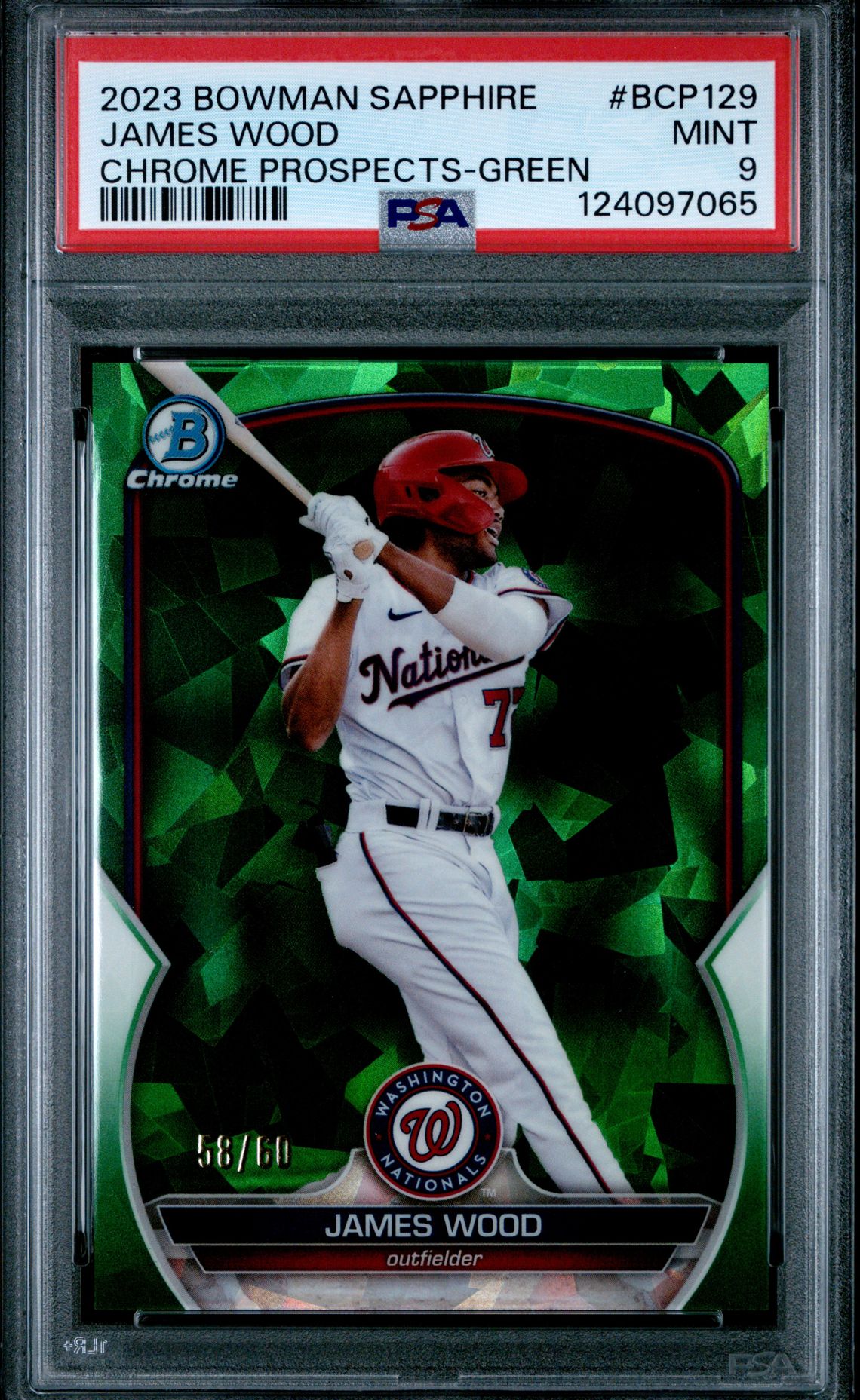 2023 Bowman Sapphire Edition Chrome Prospects James Wood #Bcp129 (Chrome Prospects-Green) Mint 9 front