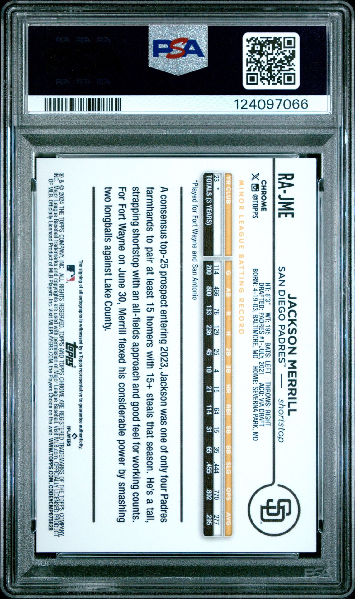 2024 Topps Chrome Rookie Autographs Jackson Merrill #Rajme Mint 9 back