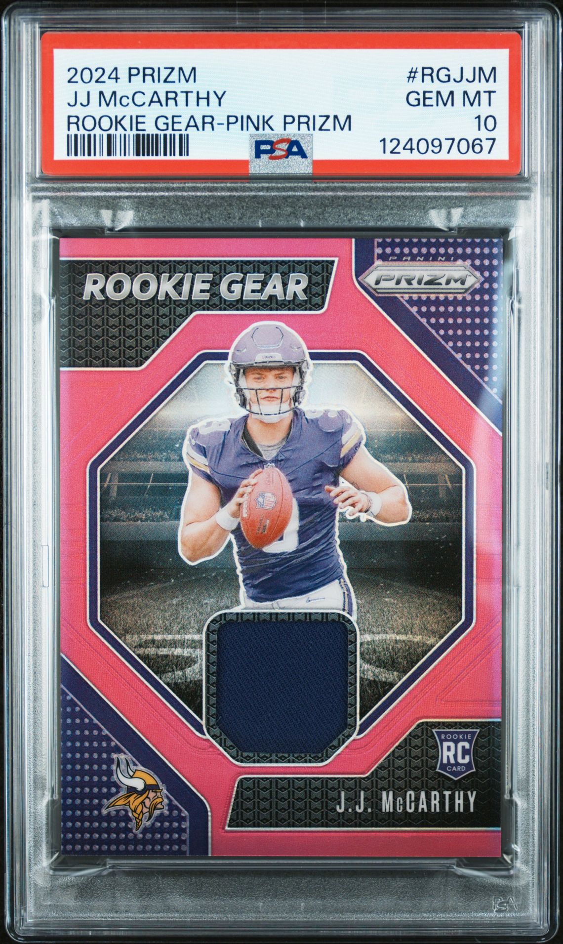 2024 Panini Prizm Rookie Gear Jj Mccarthy #Rgjjm (Rookie Gear-Pink Prizm) Gem Mt 10 front