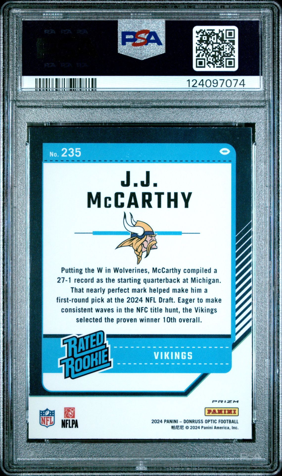 2024 Panini Donruss Optic Jj Mccarthy #235 (Purple Scope) Nm-Mt 8 back