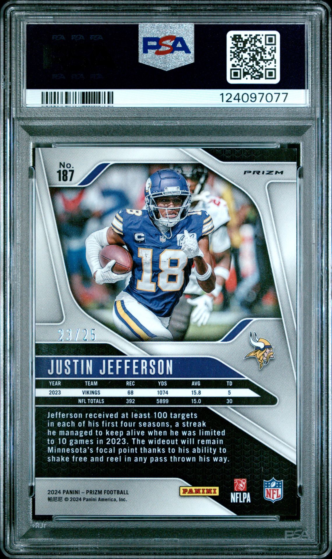 2024 Panini Prizm Justin Jefferson #187 (No Huddle Pink) Mint 9 back