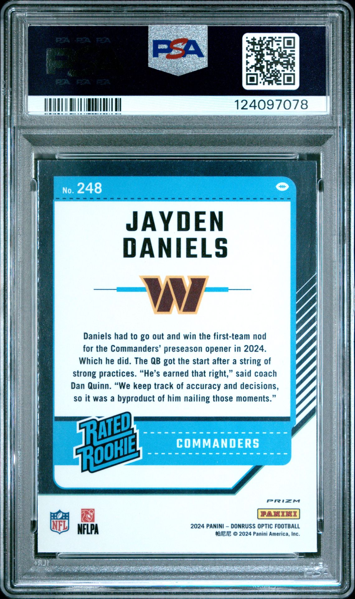 2024 Panini Donruss Optic Jayden Daniels #248 (Purple Shock) Mint 9 back