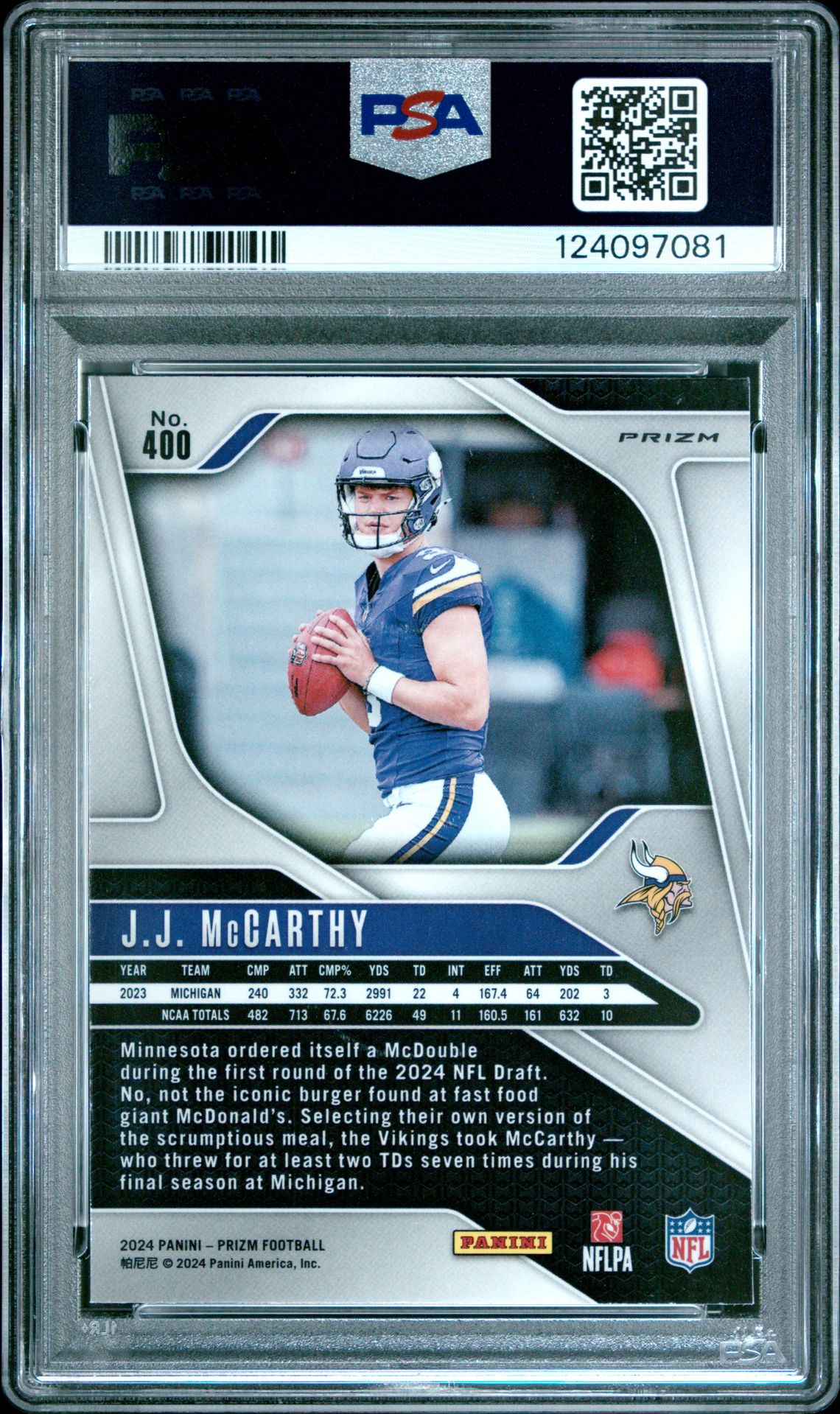 2024 Panini Prizm Jj Mccarthy #400 (Silver Prizm) Gem Mt 10 back