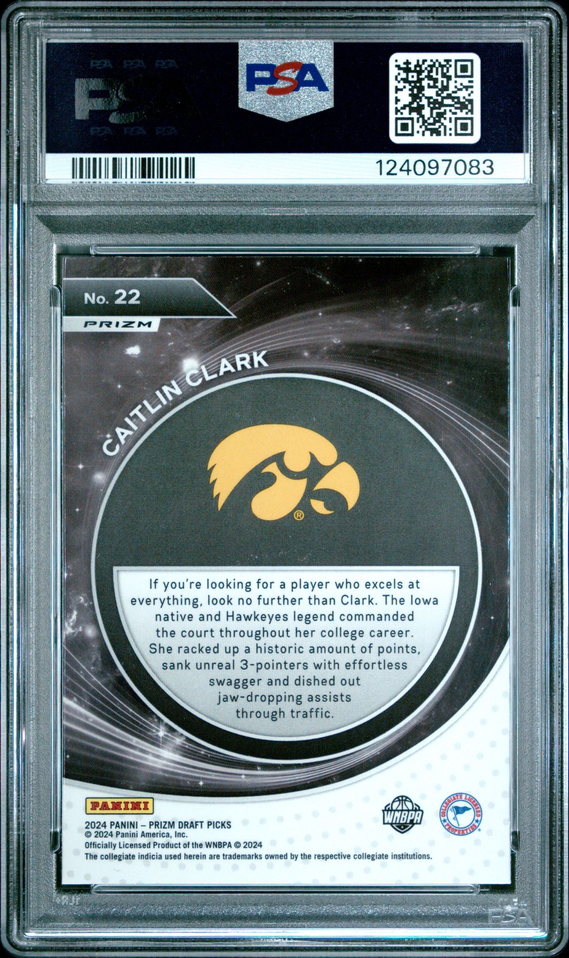 2024 Panini Prizm Draft Picks Student Orientation Caitlin Clark #22 (Student Orient-Silver Prizm) Gem Mt 10 back view - PSA certificate #124097083
