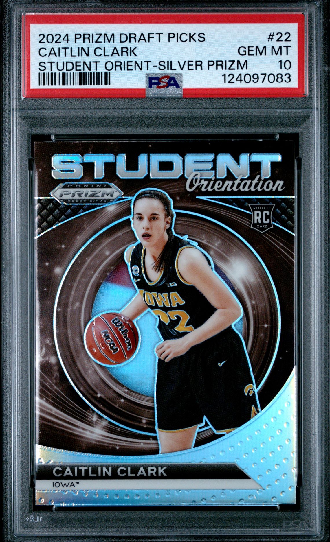 2024 Panini Prizm Draft Picks Student Orientation Caitlin Clark #22 (Student Orient-Silver Prizm) Gem Mt 10 front view - PSA graded GEM MT 10