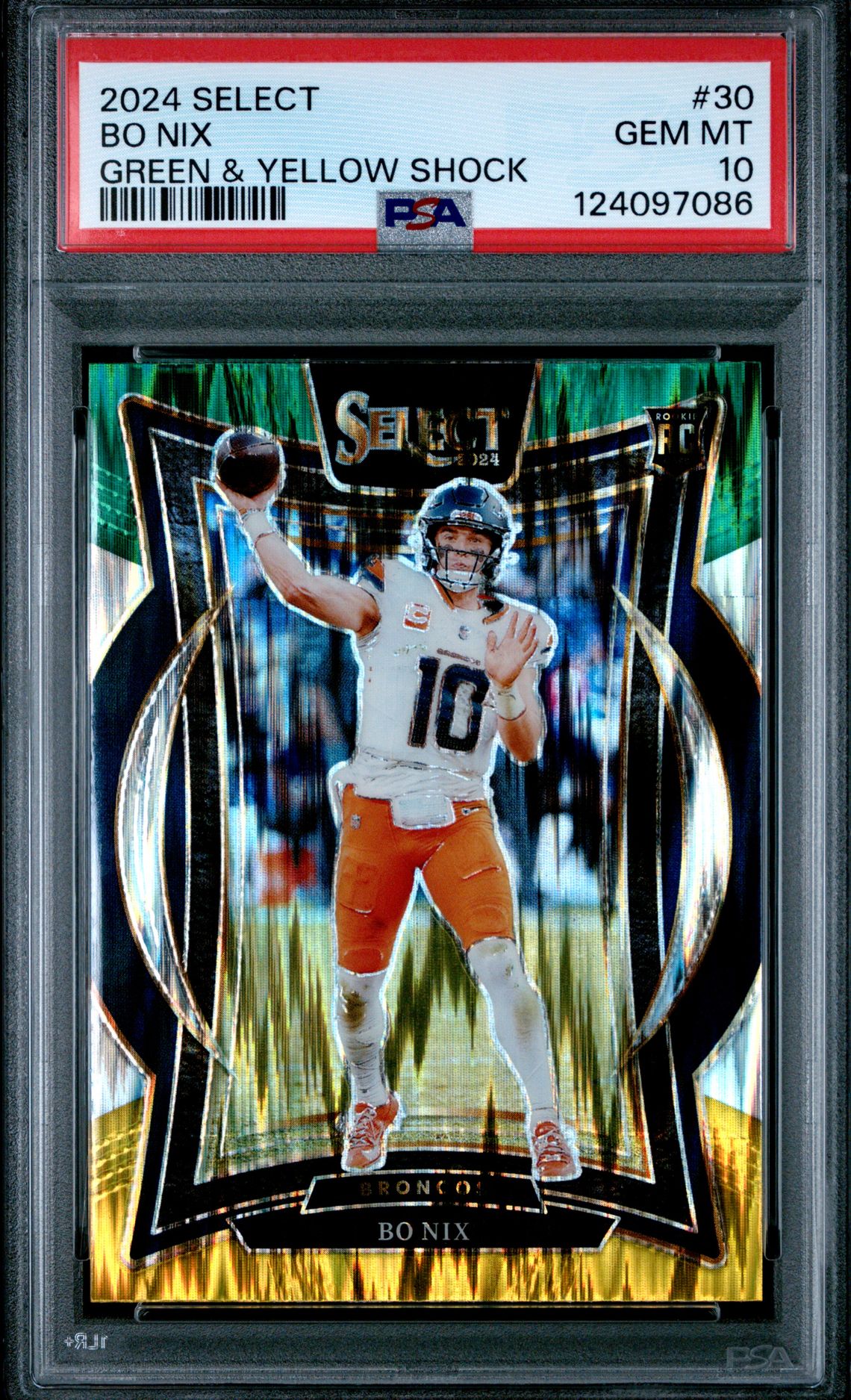 2024 Panini Select Bo Nix #30 (Green & Yellow Shock) Gem Mt 10 front