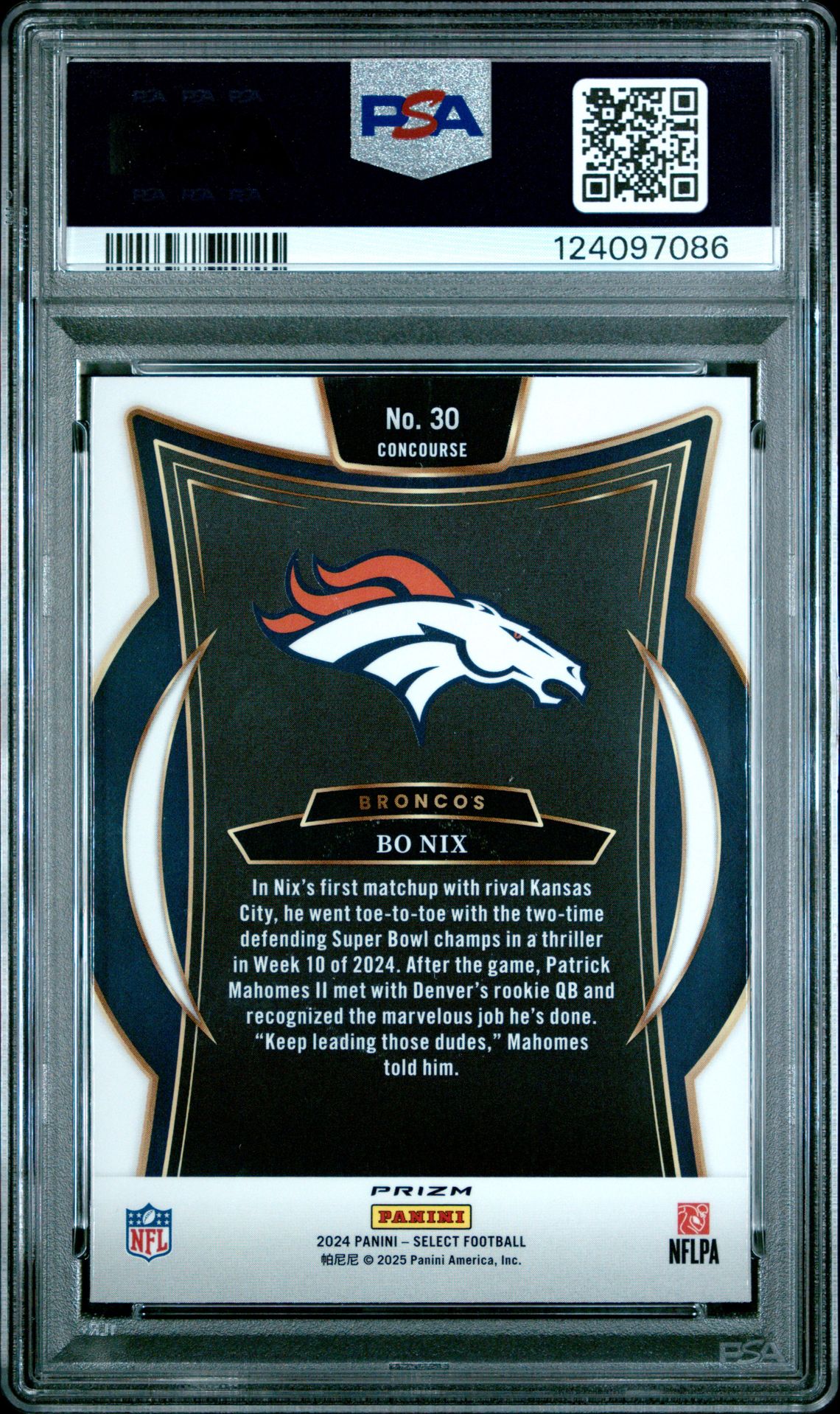 2024 Panini Select Bo Nix #30 (Green & Yellow Shock) Gem Mt 10 back