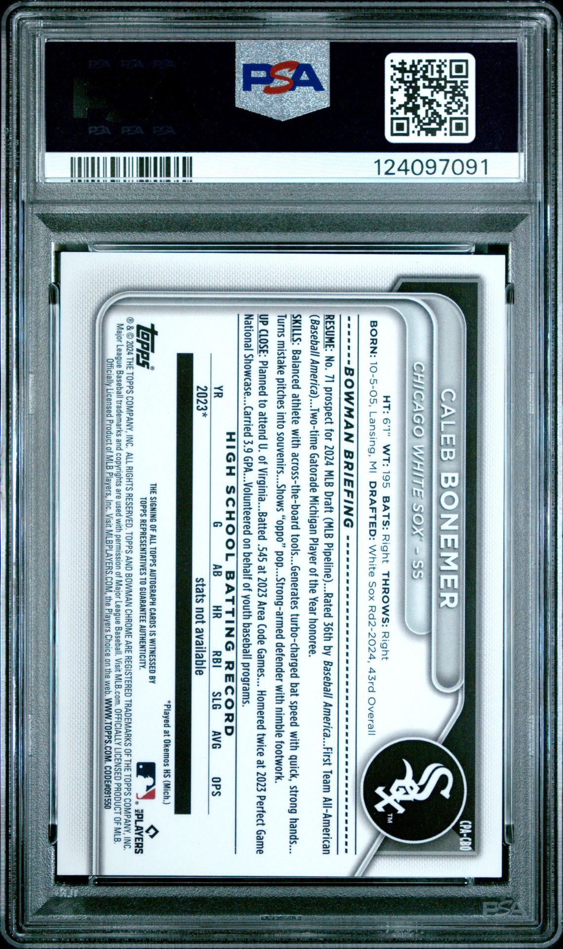 2024 Bowman Draft Chrome Prospect Autographs Caleb Bonemer #Cpacbo Gem Mt 10 back