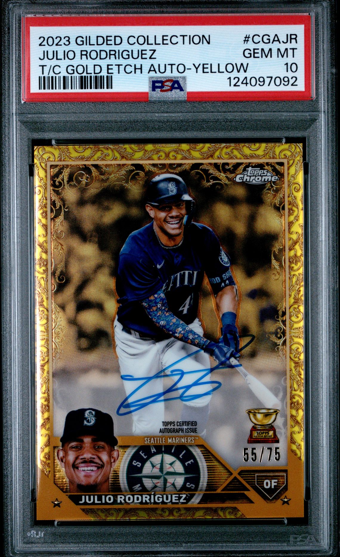 2023 Topps Gilded Collection Topps Chrome Gold Etch Autographs Julio Rodriguez #Cgajr (T/C Gold Etch Auto-Yellow) Gem Mt 10 front