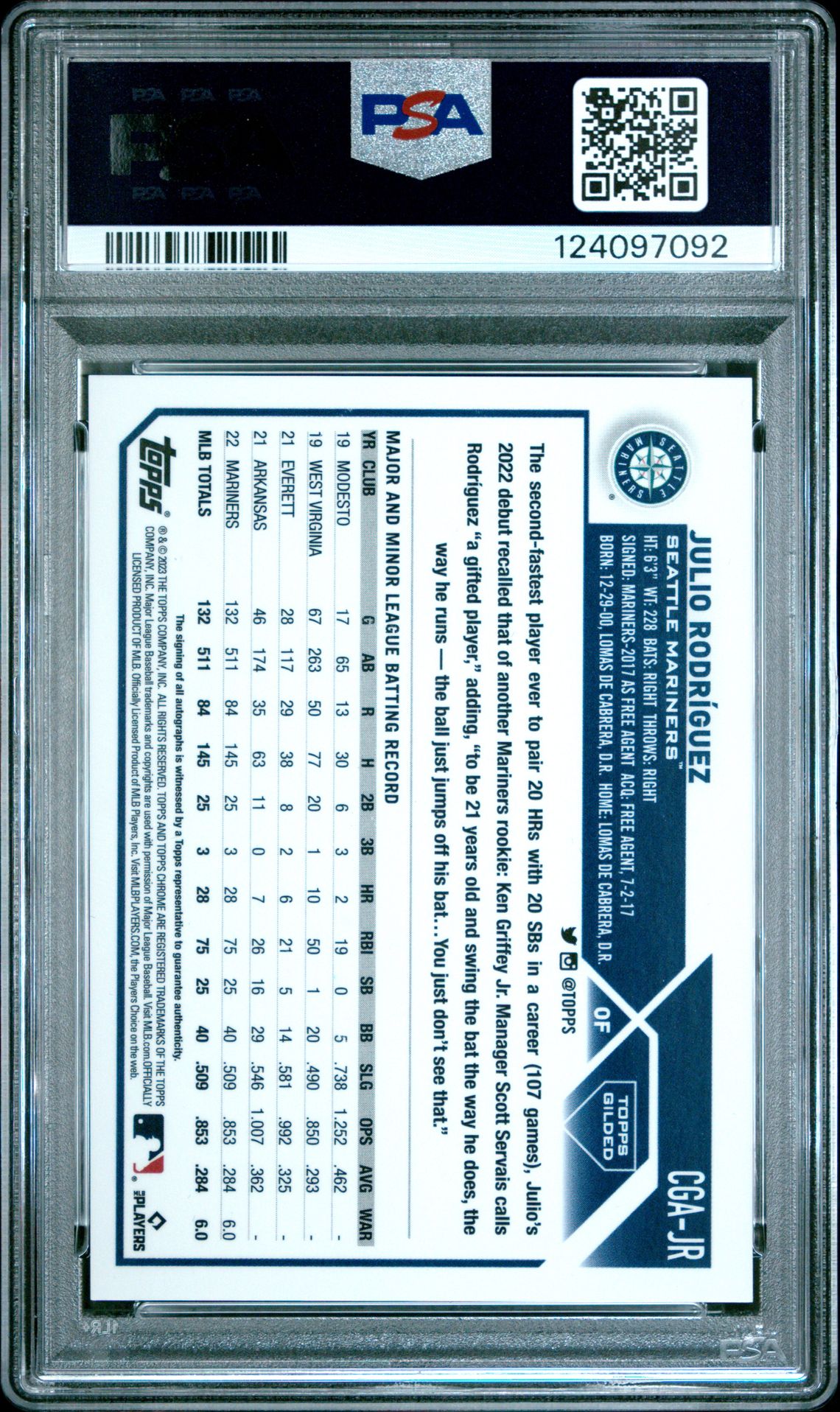 2023 Topps Gilded Collection Topps Chrome Gold Etch Autographs Julio Rodriguez #Cgajr (T/C Gold Etch Auto-Yellow) Gem Mt 10 back