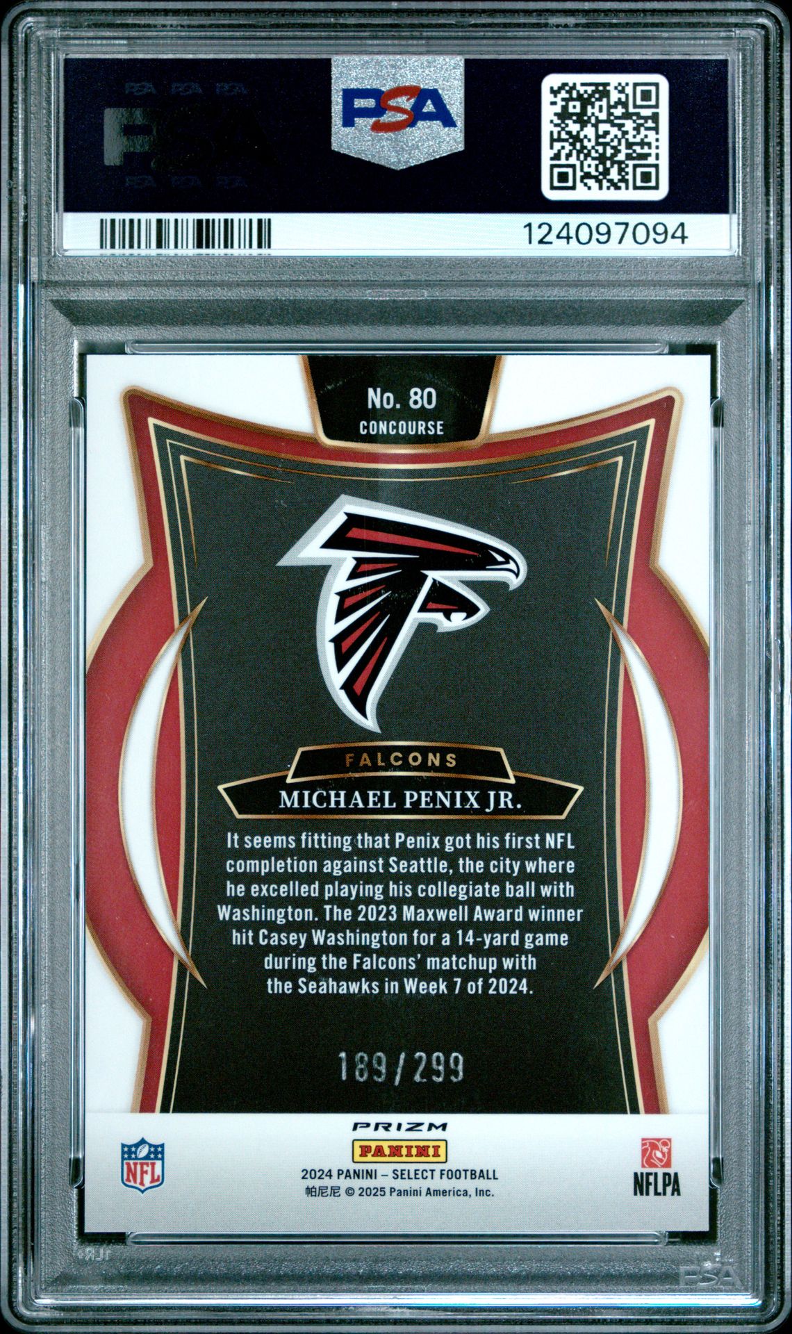 2024 Panini Select Michael Penix Jr. #80 (Tri-Color Prizm) Gem Mt 10 back