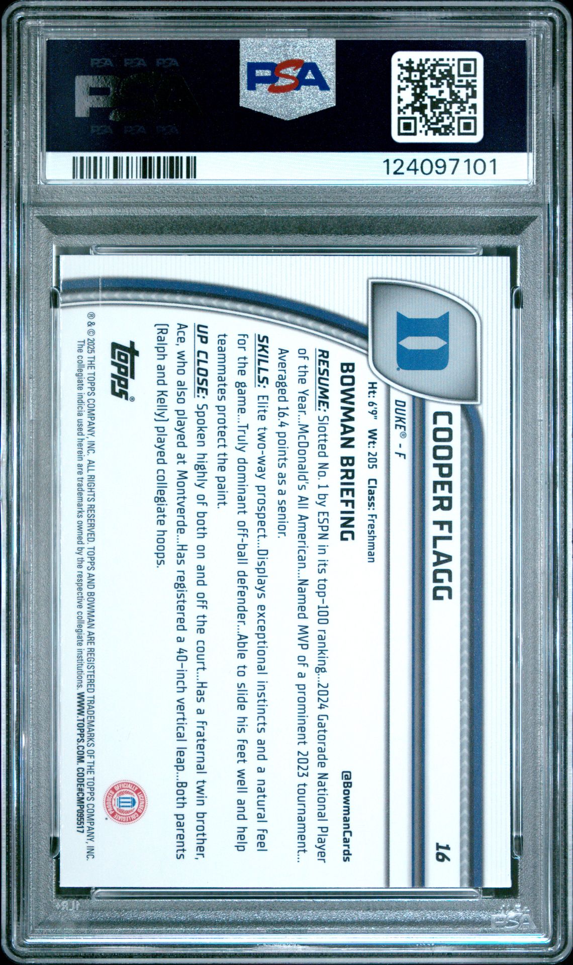 2024 Bowman Chrome University Cooper Flagg #16 (Black Wave) Mint 9 back