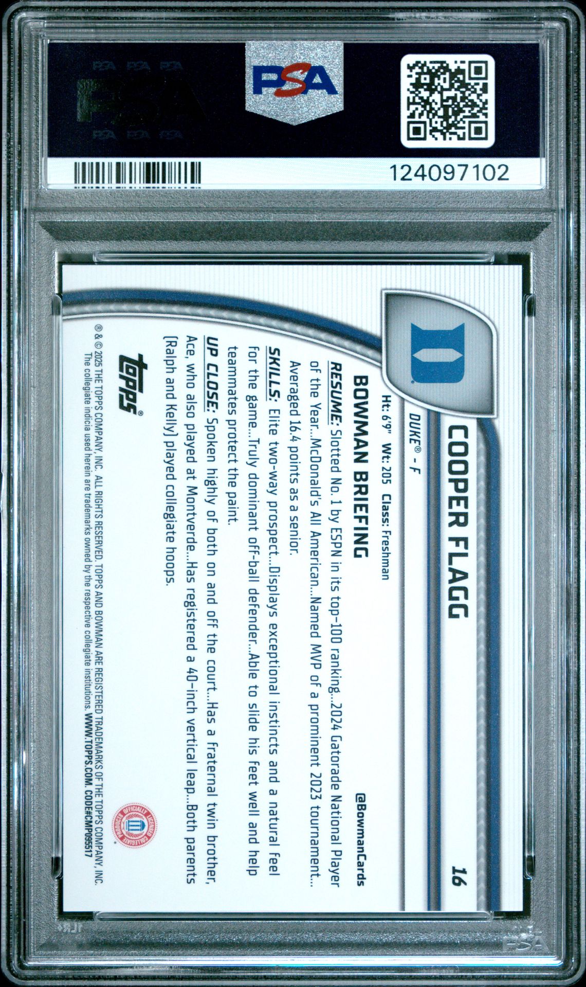 2024 Bowman Chrome University Cooper Flagg #16 (Black Wave) Gem Mt 10 back