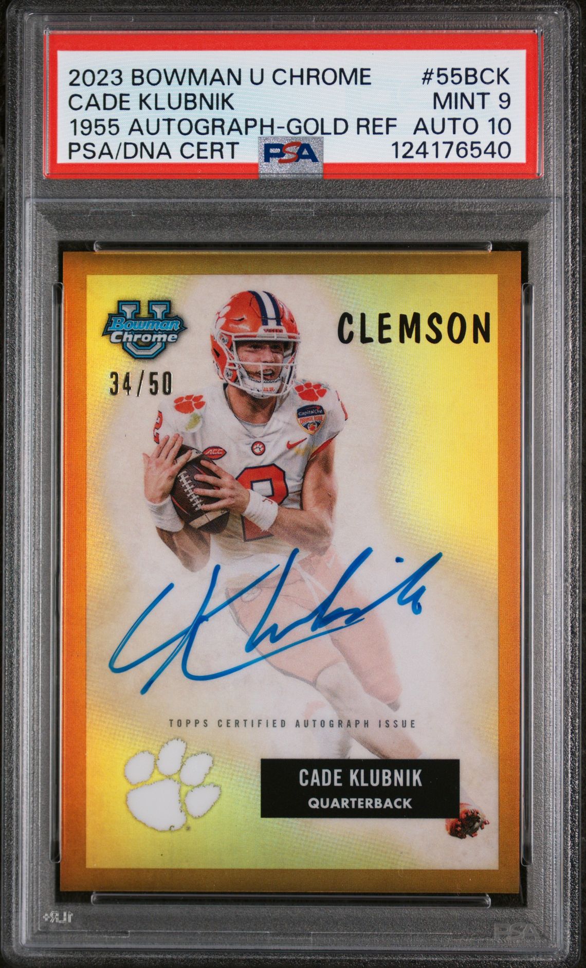 2023 Bowman BOWMAN UNIVERSITY CHROME 1955 BOWMAN AUTOGRAPH 1955 AUTOGRAPH-GOLD REF #55BCK Cade Klubnik front