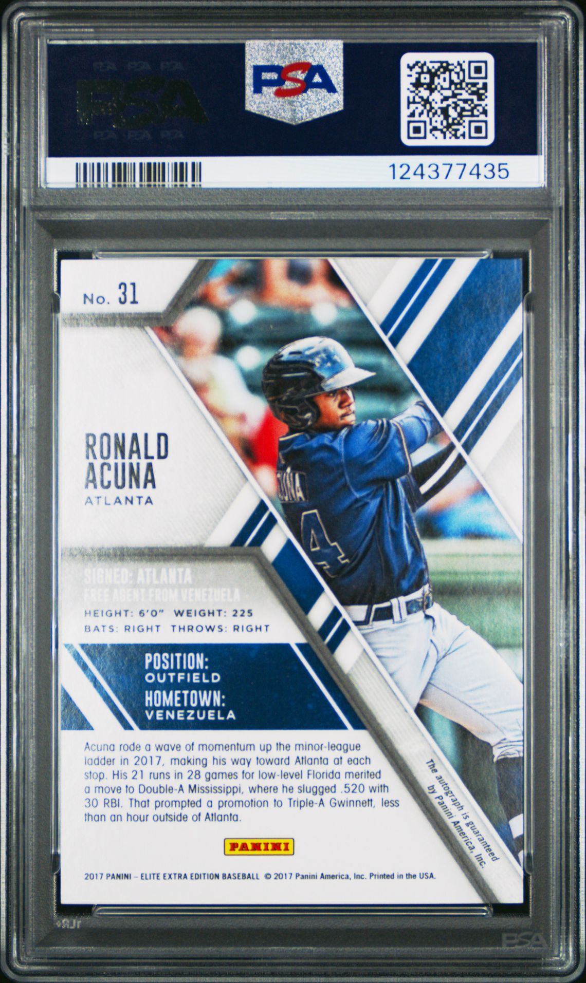 2017 Panini Elite Extra Edition Ronald Acuna #31 (Auto-Aspirations-Blue) Gem Mt 10 back