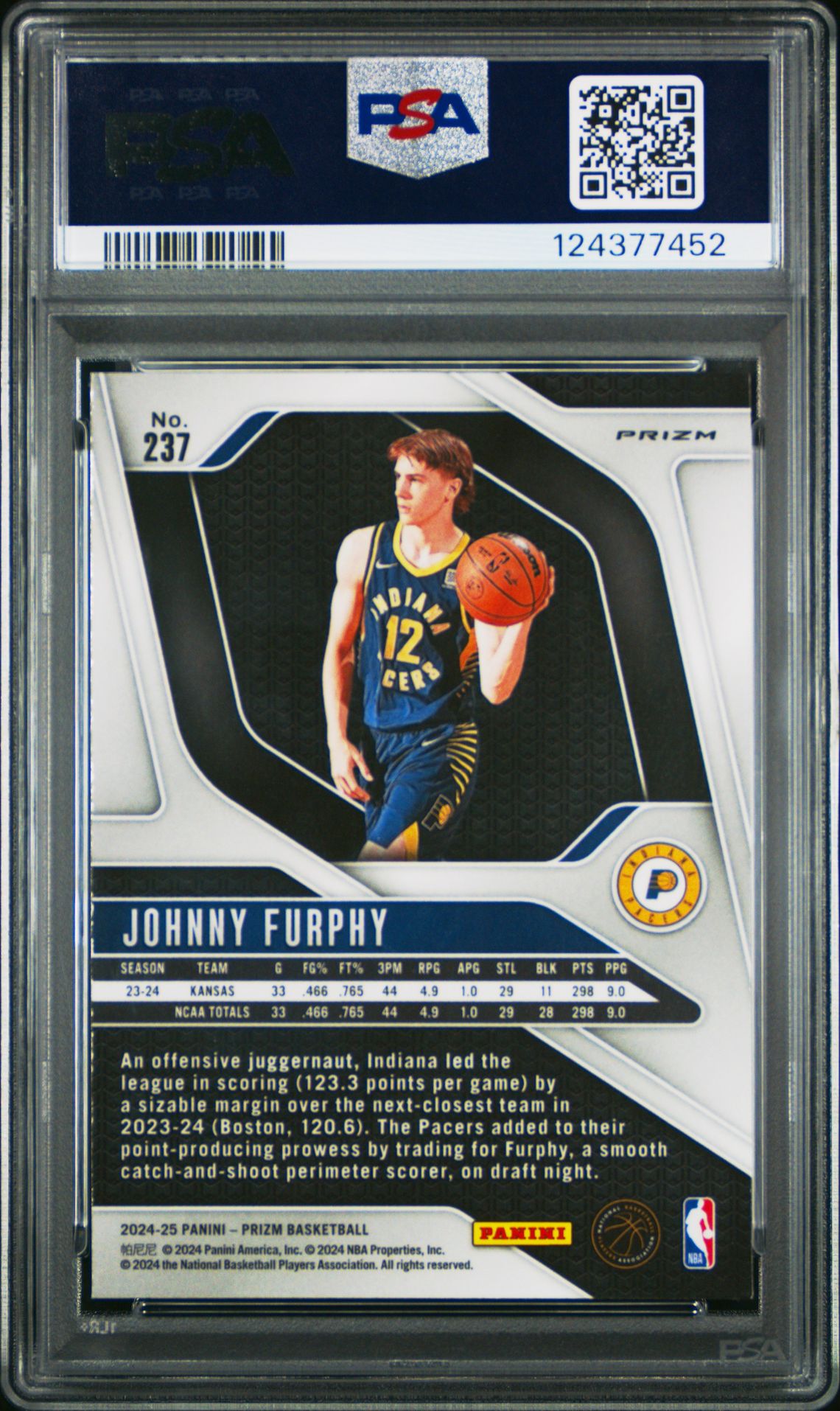 2024 Panini Prizm Johnny Furphy #237 (Pink Ice) Gem Mt 10 back