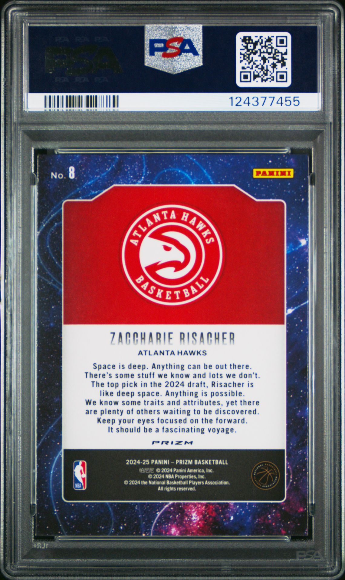 2024 Panini Prizm Deep Space Zaccharie Risacher #8 (Deep Space-Green Prizm) Gem Mt 10 back