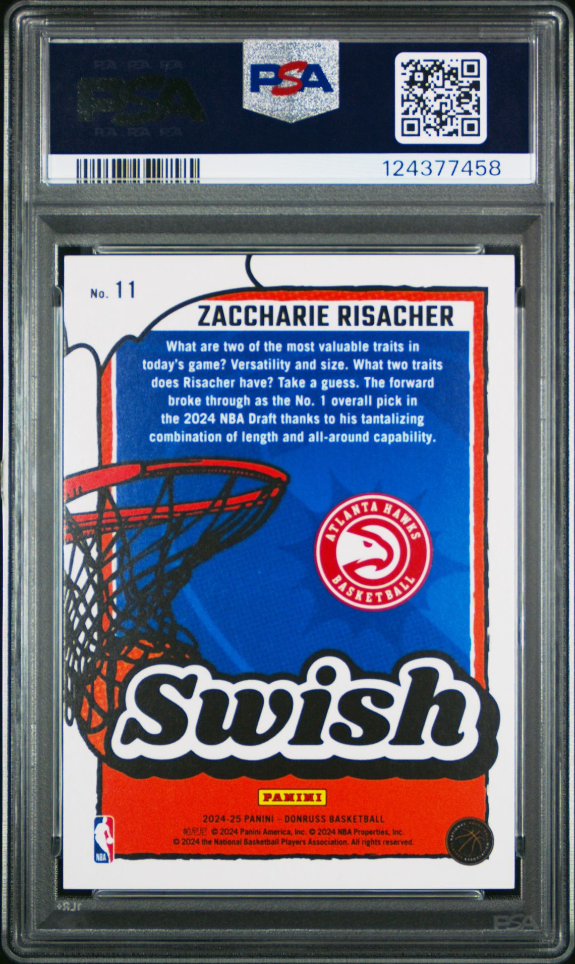 2024 Panini Donruss Swish Zaccharie Risacher #11 (Swish-Holo Laser) Mint 9 back