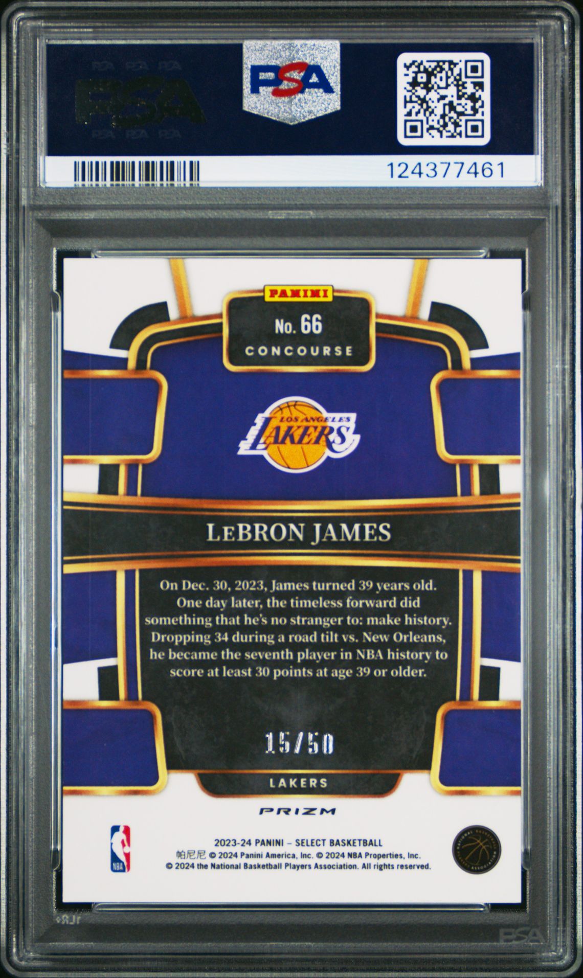 2023 Panini Select Lebron James #66 (Green Wave) Gem Mt 10 back