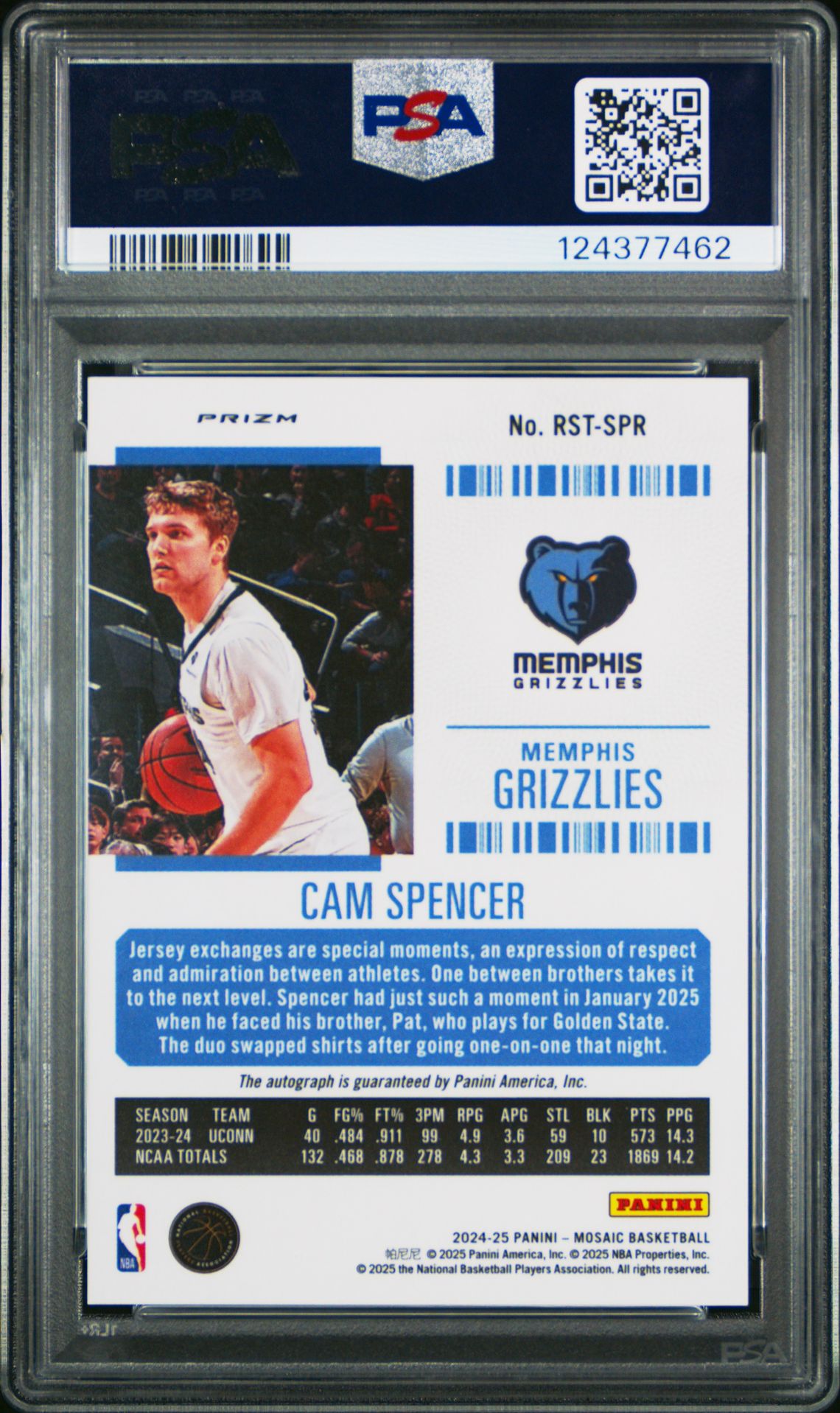 2024 Panini Mosaic Rookie Season Ticket Autographs Cam Spencer #Rstspr Gem Mt 10 back