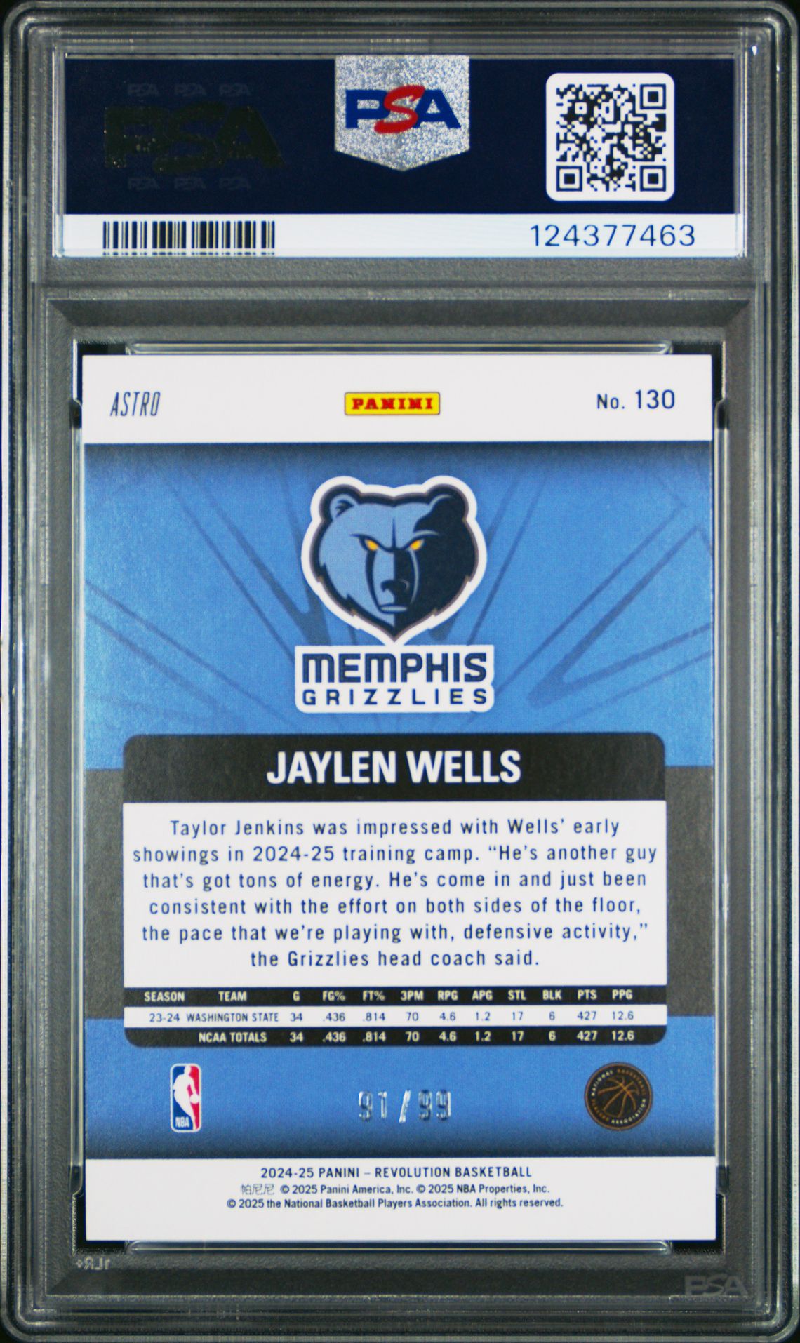 2024 Panini Revolution Jaylen Wells #130 (Blue Astro) Gem Mt 10 back