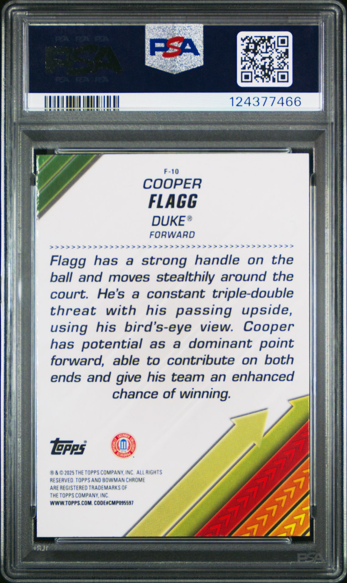 2024 Bowman Chrome University Facilitators Cooper Flagg #F10 (Facilitators-X-Fractor) Gem Mt 10 back