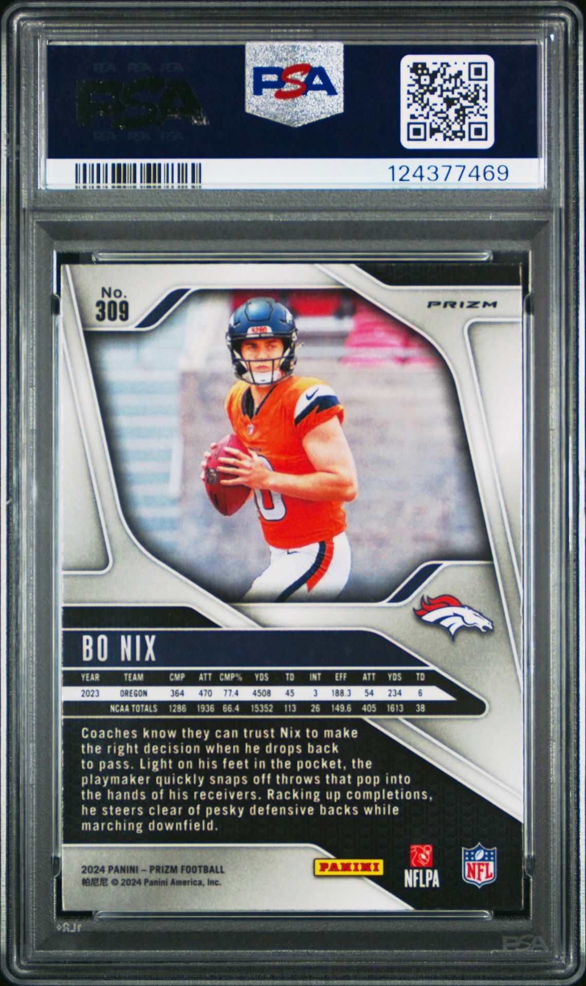 2024 Panini Prizm Bo Nix #309 (Lazer Prizm) Gem Mt 10 back