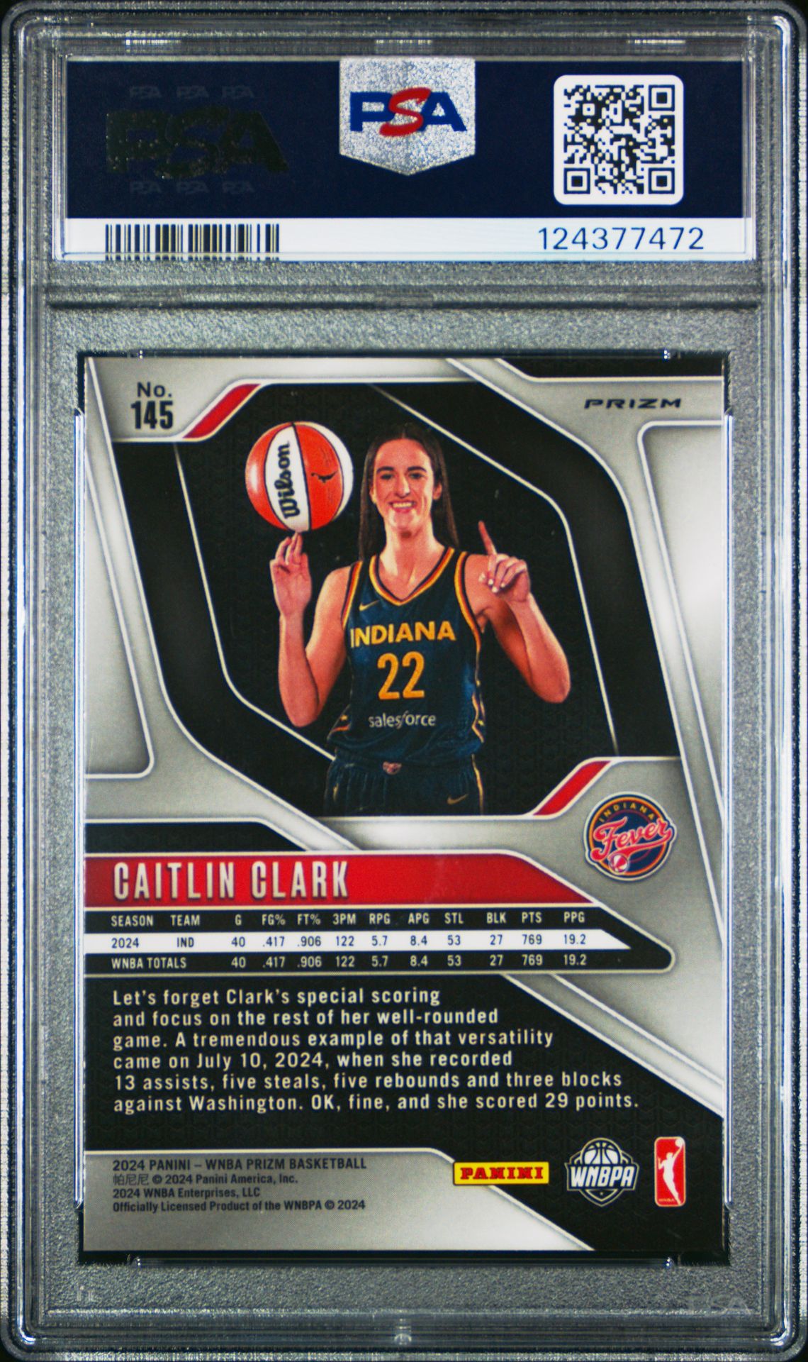 2024 Panini Prizm Wnba Caitlin Clark #145 (Blue Velocity) Gem Mt 10 back