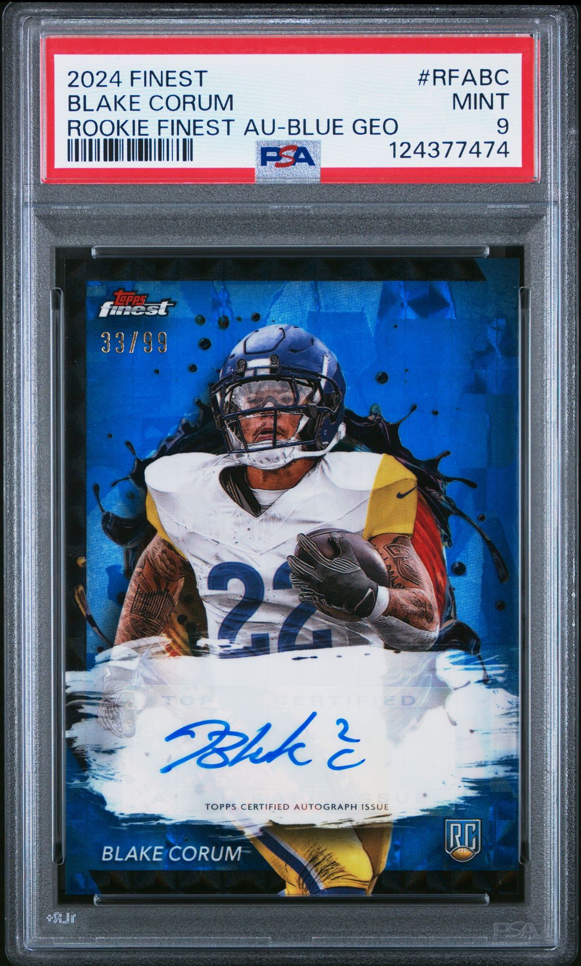 2024 Topps Finest Rookie Finest Autographs Blake Corum #Rfabc (Rookie Finest Au-Blue Geo) Mint 9 front