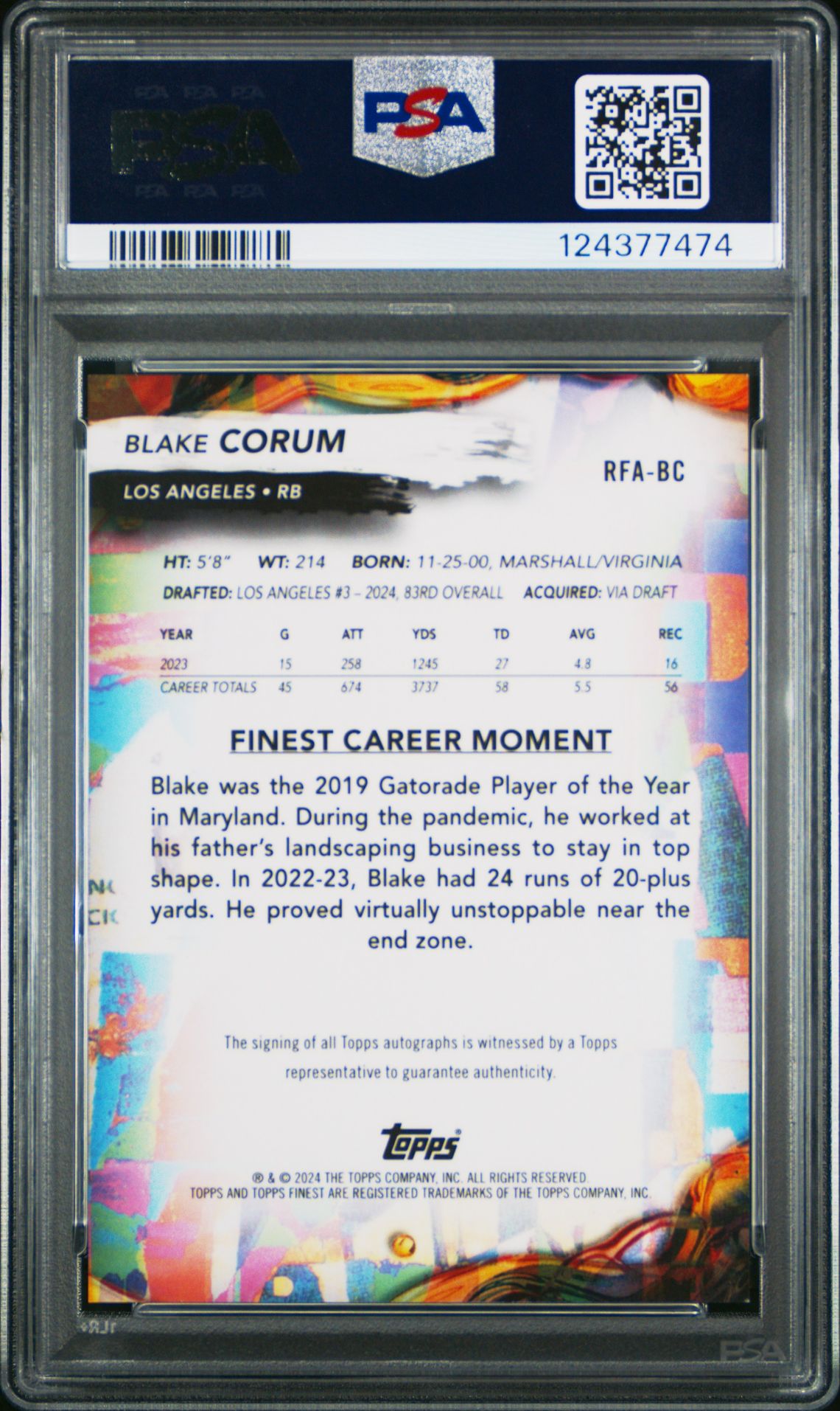 2024 Topps Finest Rookie Finest Autographs Blake Corum #Rfabc (Rookie Finest Au-Blue Geo) Mint 9 back