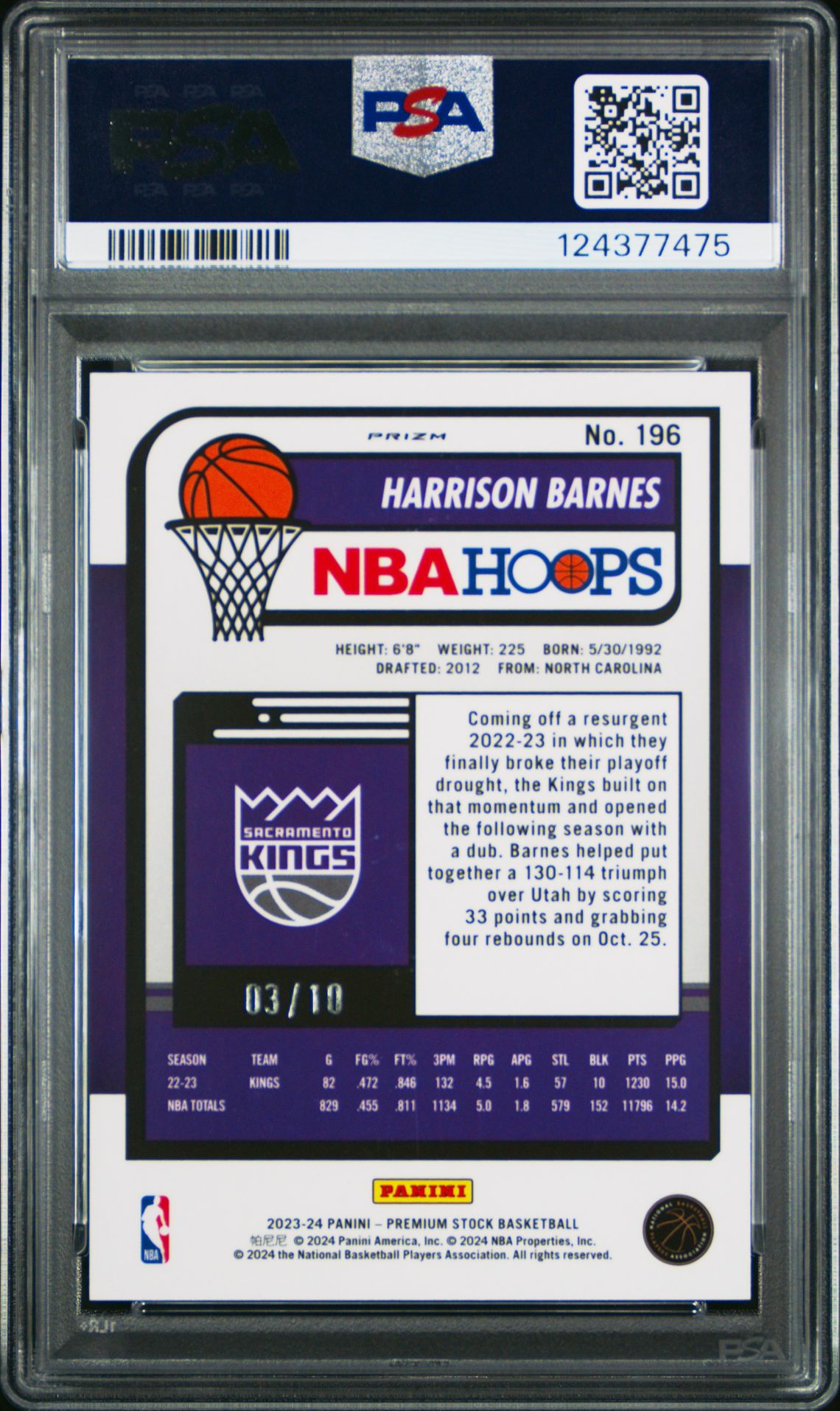 2023 Panini Hoops Premium Stock Harrison Barnes #196 (Gold Prizm) Mint 9 back