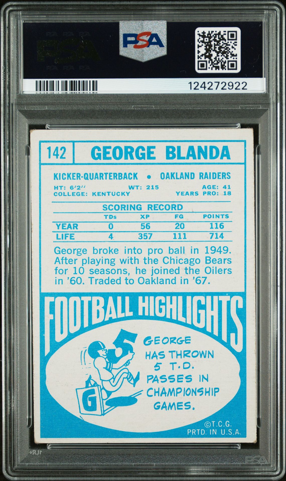 1968 Topps George Blanda #142 Vg+ 3.5 back