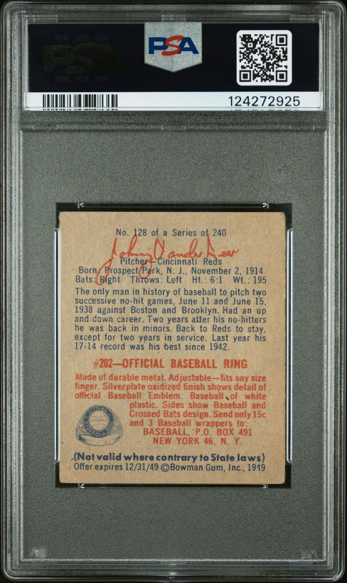 1949 Bowman Johnny Vander Meer #128 Vg-Ex 4 back