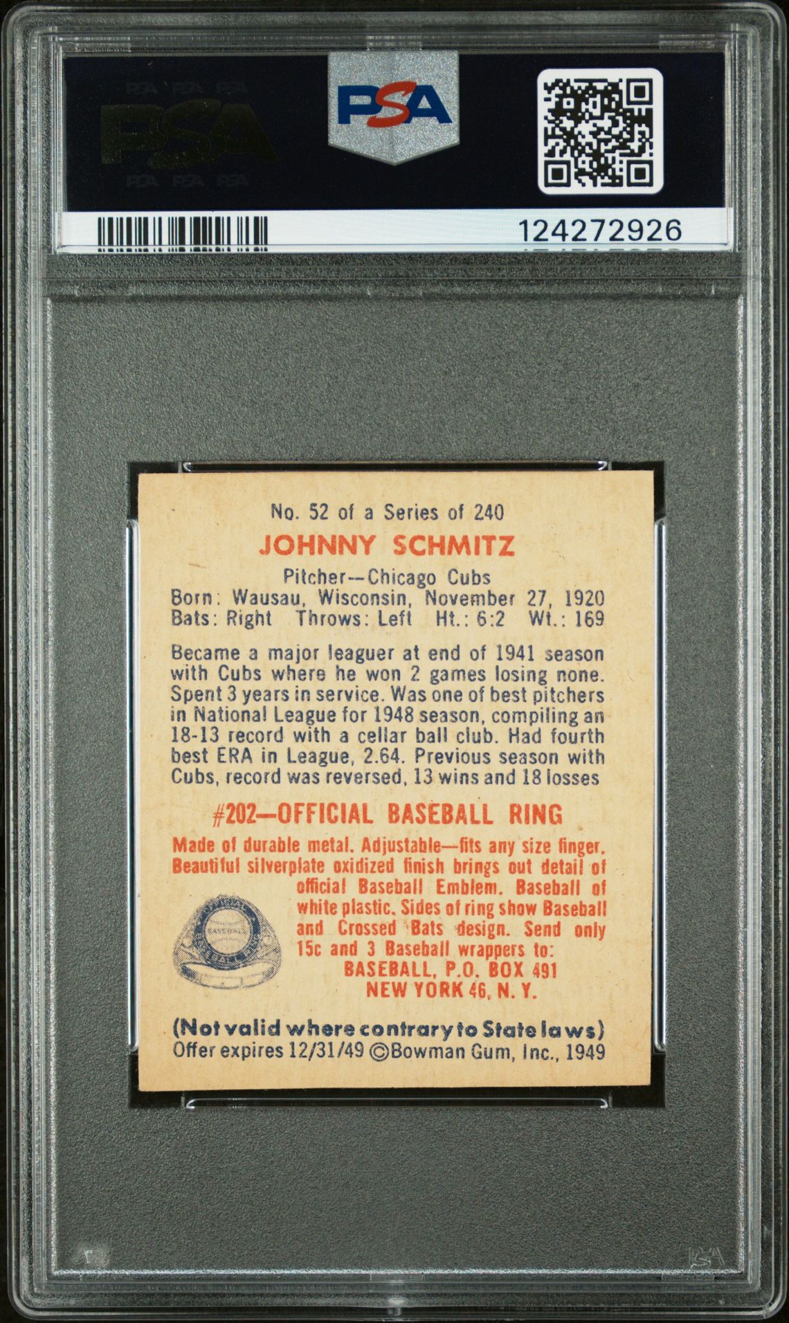 1949 Bowman Johnny Schmitz #52 Vg 3 back