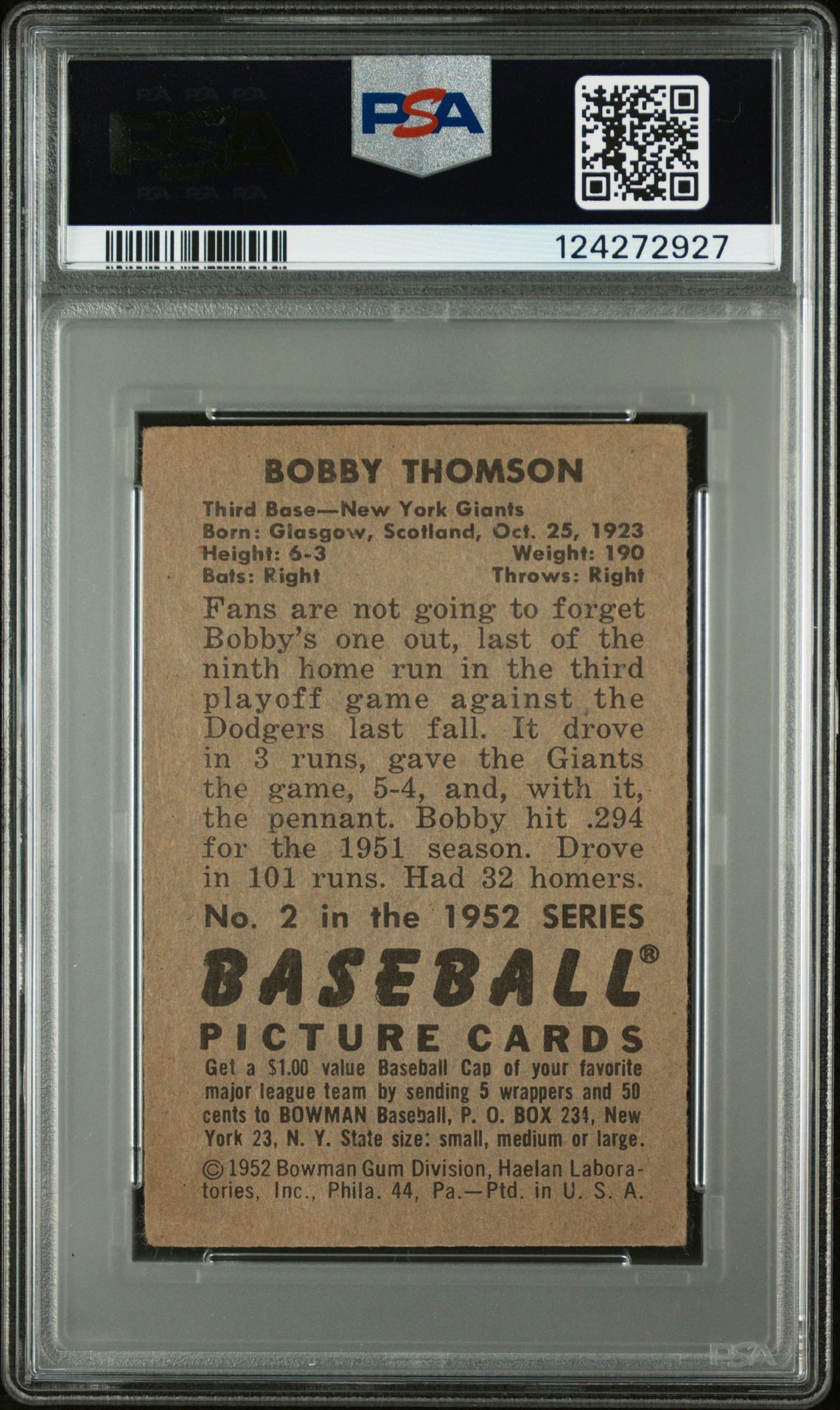 1952 Bowman Bobby Thomson #2 Good+ 2.5 back