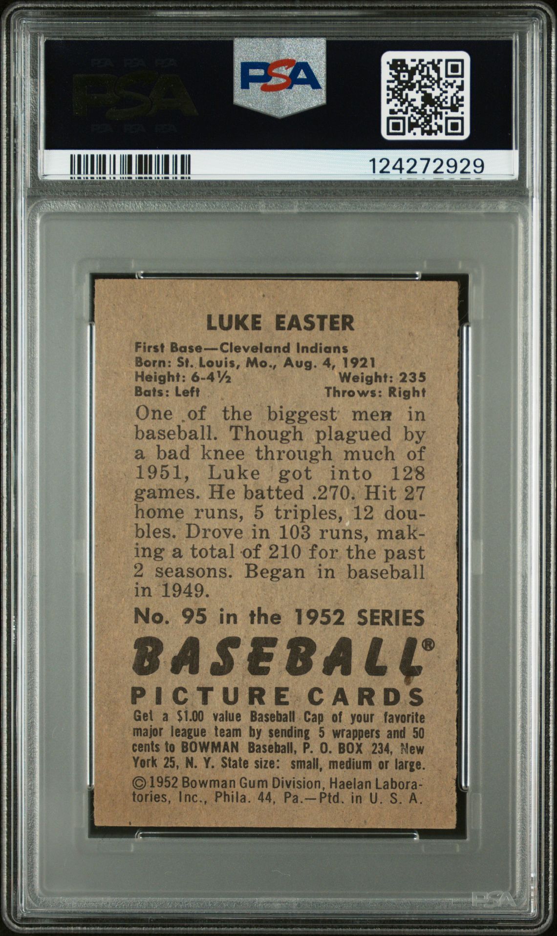 1952 Bowman Luke Easter #95 Ex-Mt 6 back