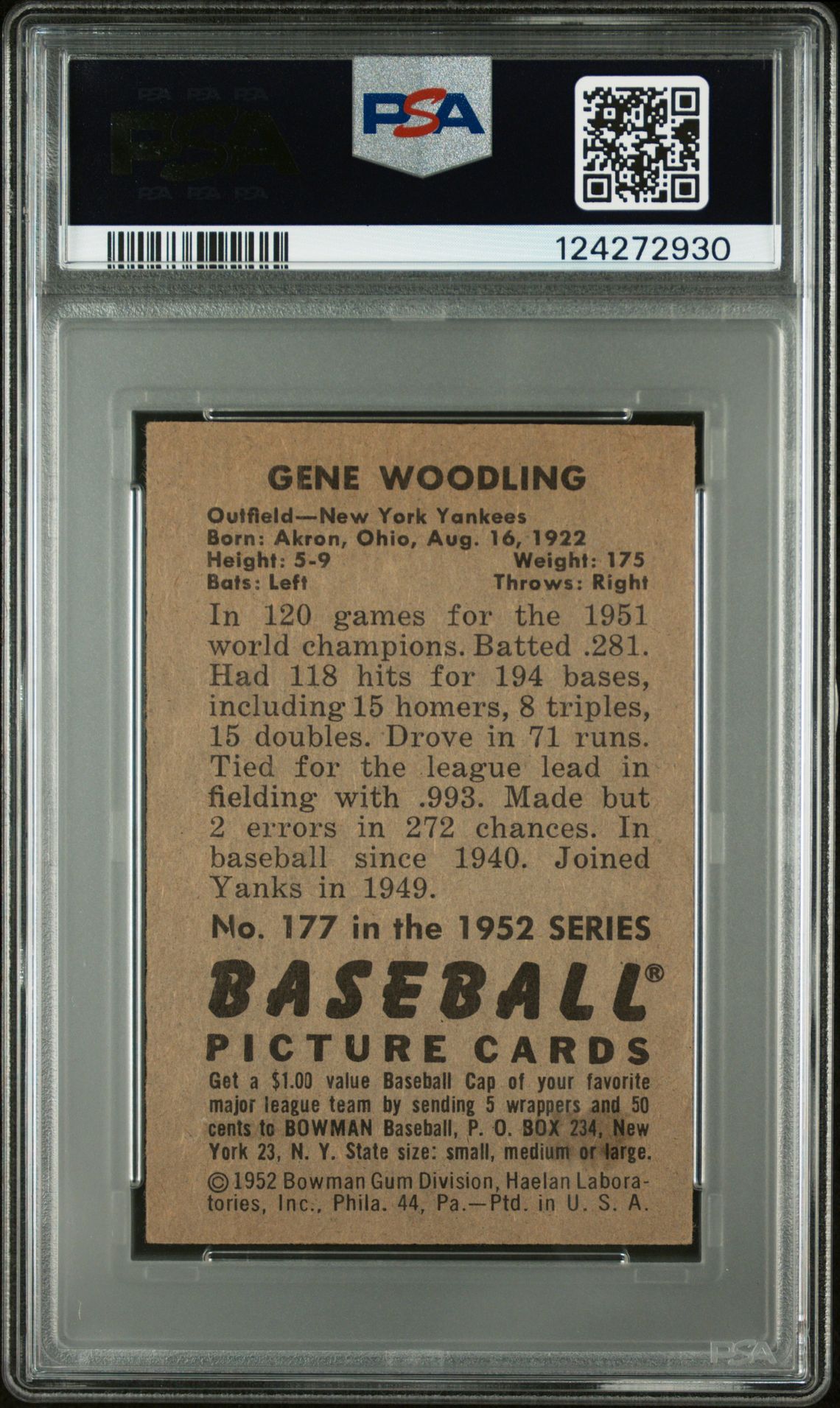 1952 Bowman Gene Woodling #177 Vg-Ex 4 back