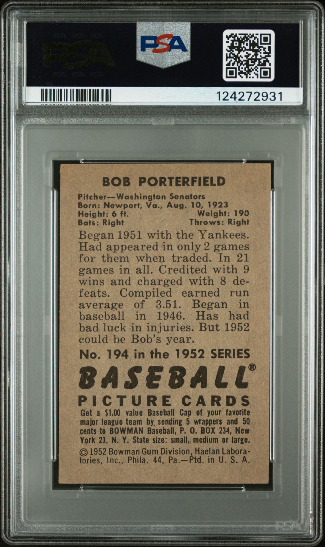1952 Bowman Bob Porterfield #194 Ex 5 back