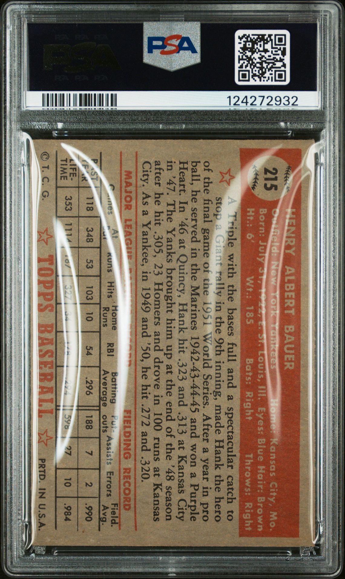 1952 Topps Hank Bauer #215 Vg 3 back