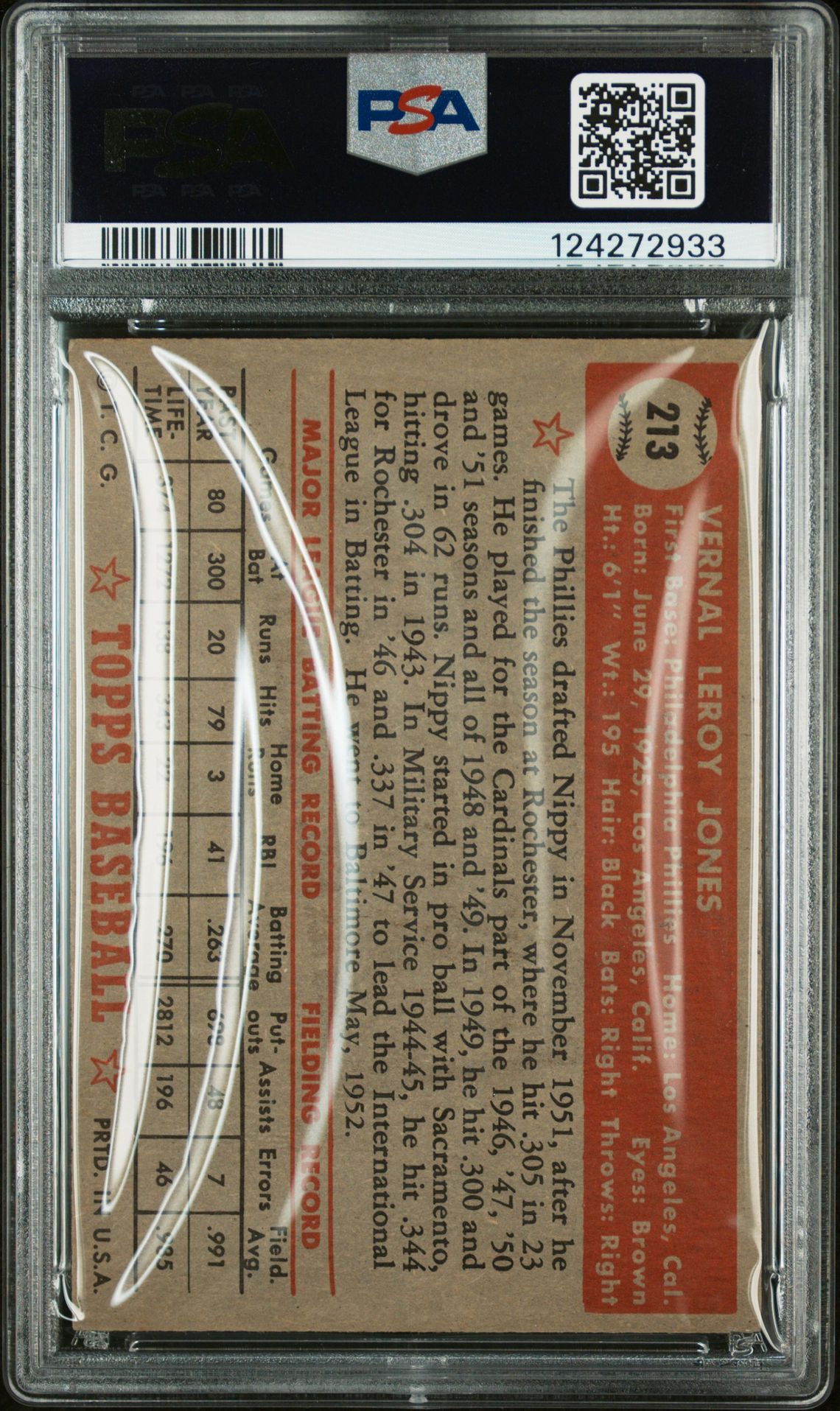 1952 Topps Nippy Jones #213 Ex 5 back