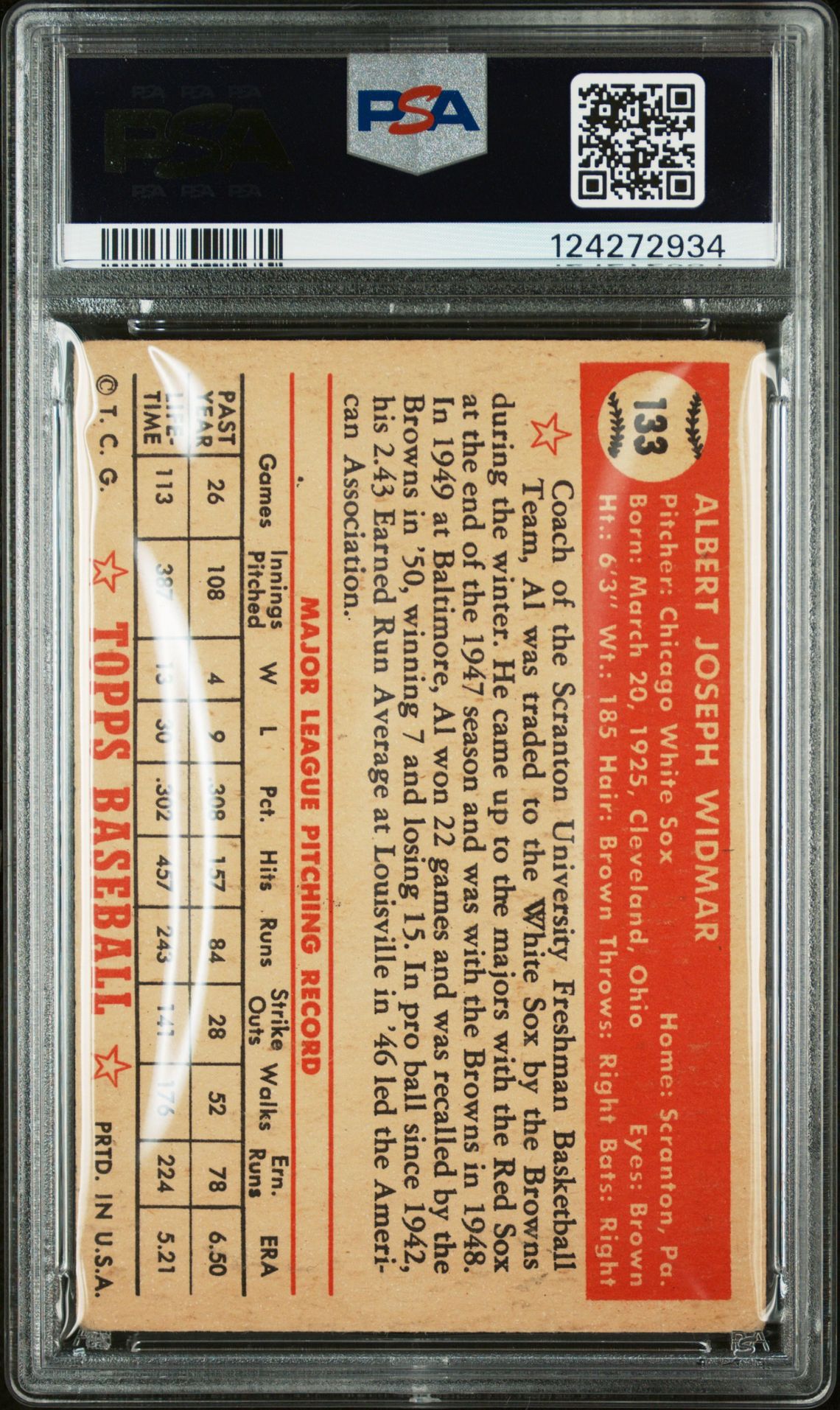 1952 Topps Al Widmar #133 Vg 3 back