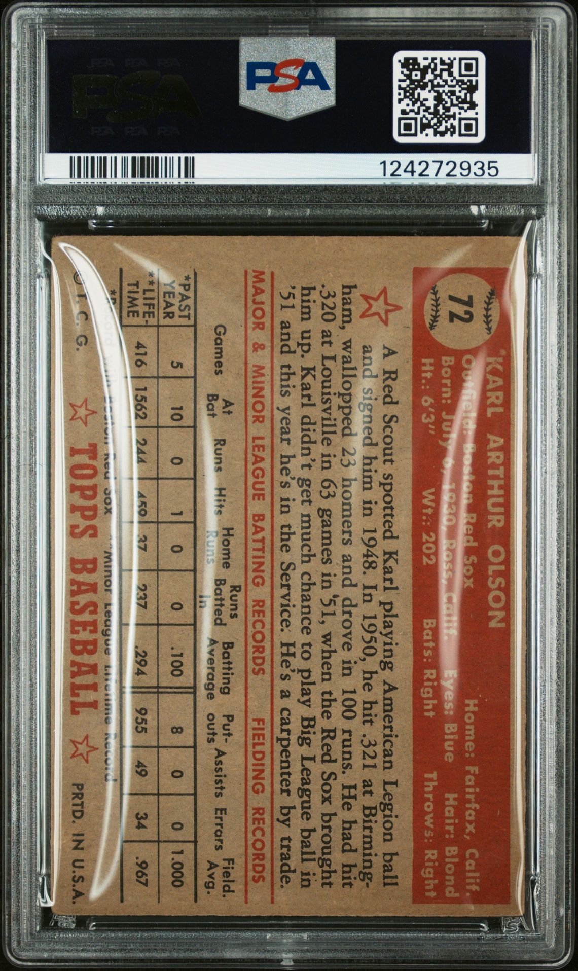 1952 Topps Karl Olson #72 Good+ 2.5 back