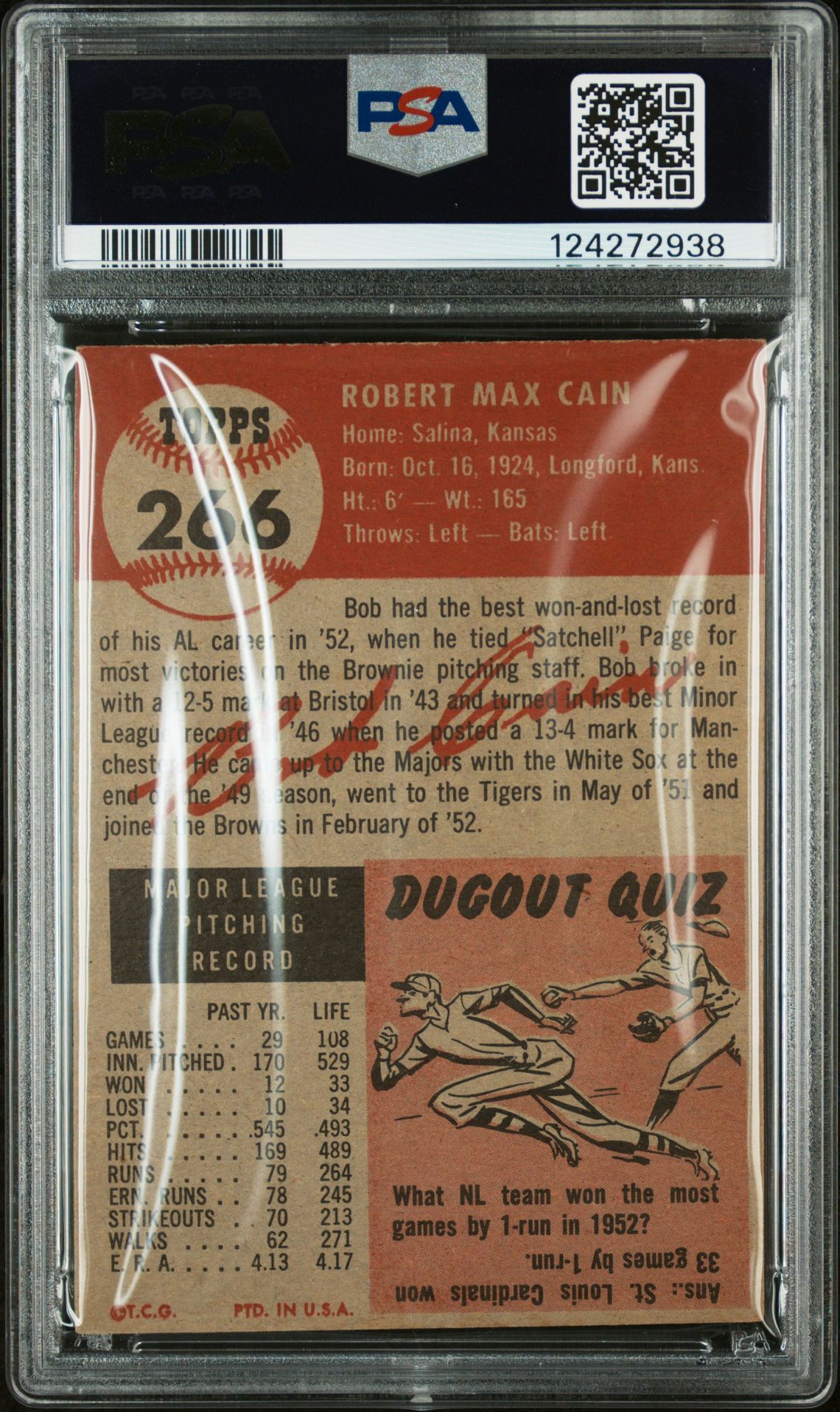 1953 Topps Bob Cain #266 Vg-Ex 4 back