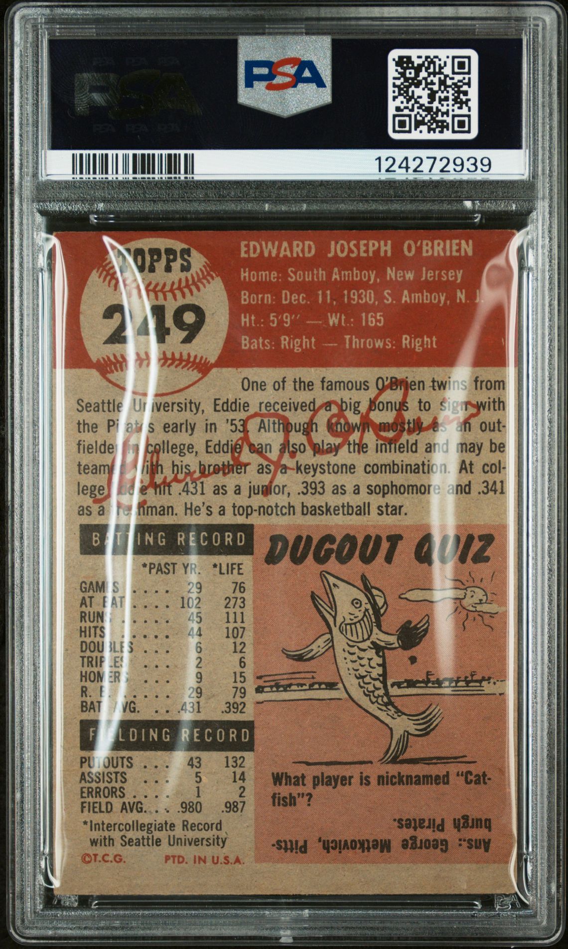 1953 Topps Ed O'brien #249 Vg-Ex+ 4.5 back